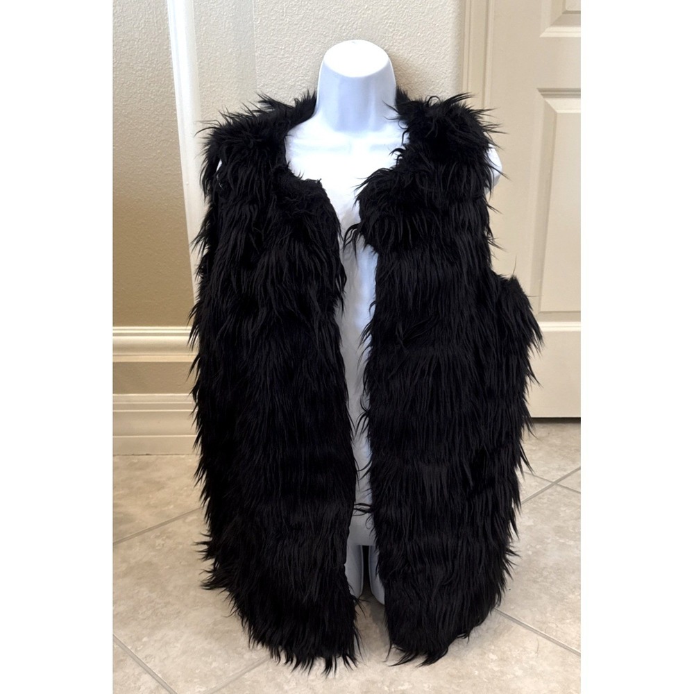 Kensie Womens Black Shaggy Faux Fur Vest Open Front Size XL
